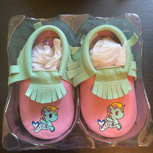 Kids Itzy Ritzy Leather Baby Moccasins Pink/Green Size 12-18 Months